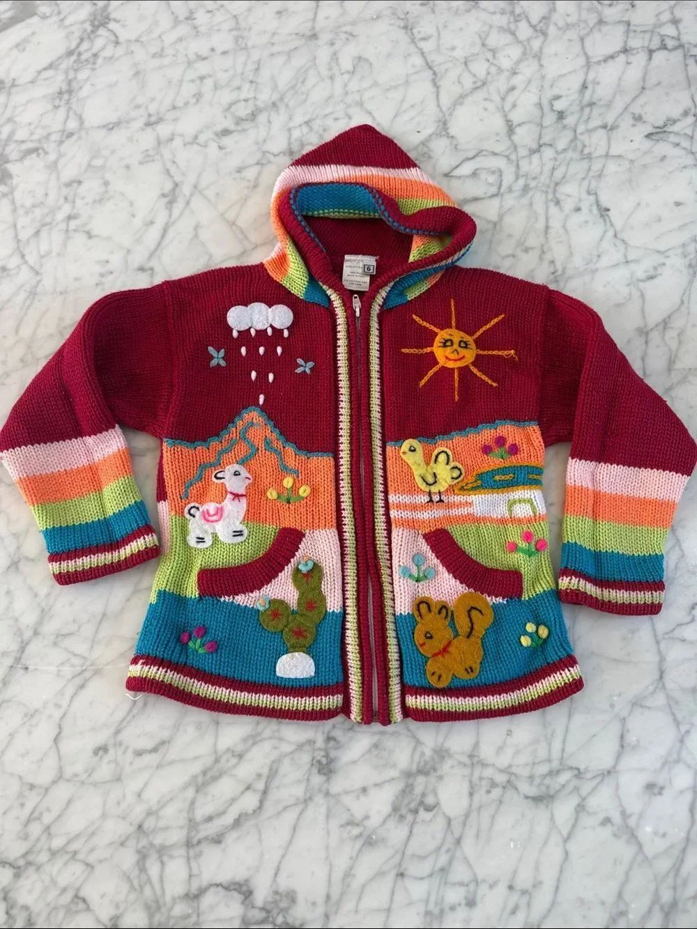 Bright Multicolor Hooded 100% Wool Kids Cardigan Animal Appliqués 6T
